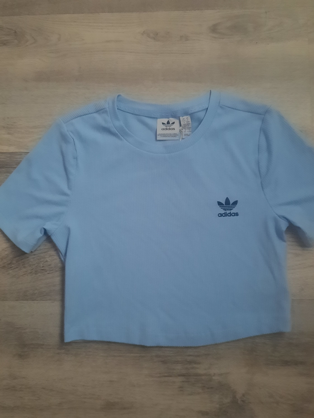 Adidas Baby Blue Cropped Ribbed Tee with Trefoil